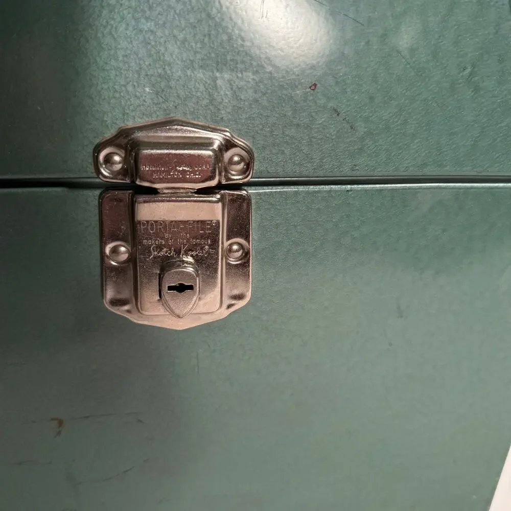 Vintage Metal File Box Hammered Stanley Green 12.5” x 4.5” x 8.5” Latch Handle